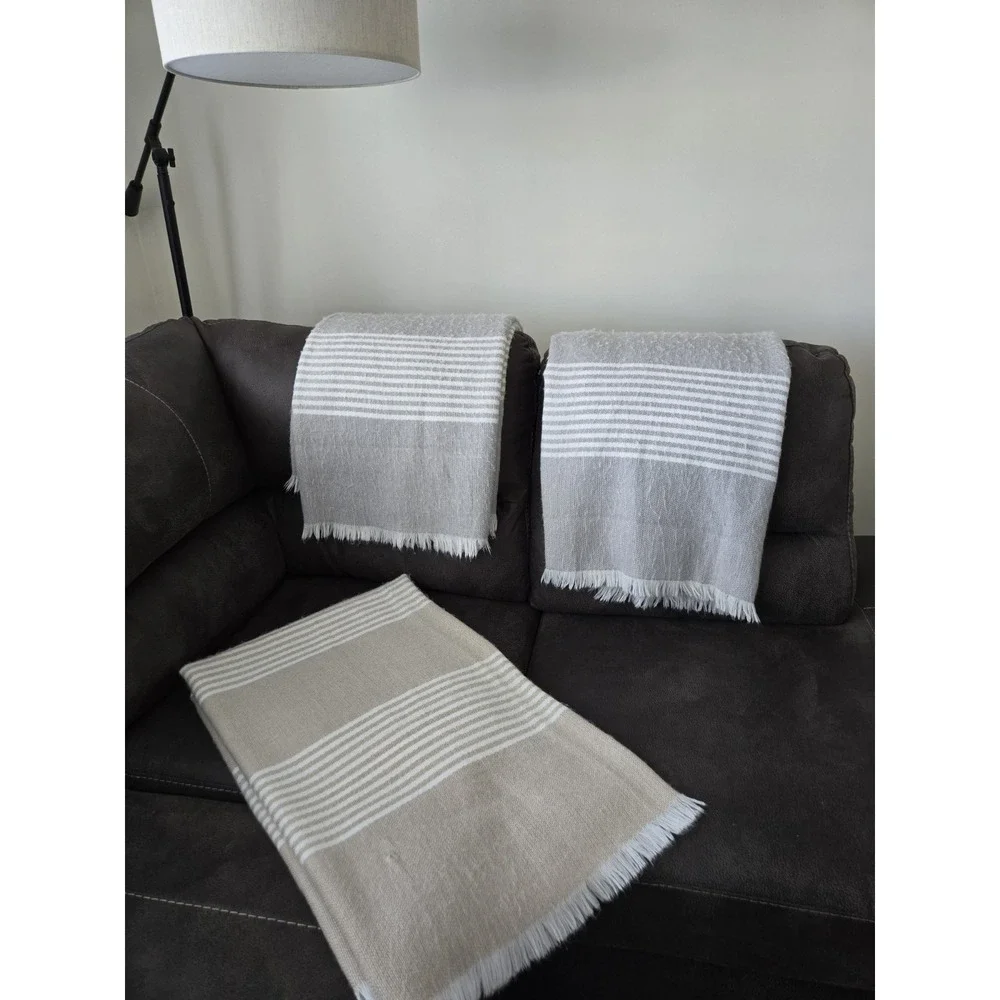 Lot Of 3 Pottery Barn Modern Fringe Farmhouse Striped Throw Blankets 50